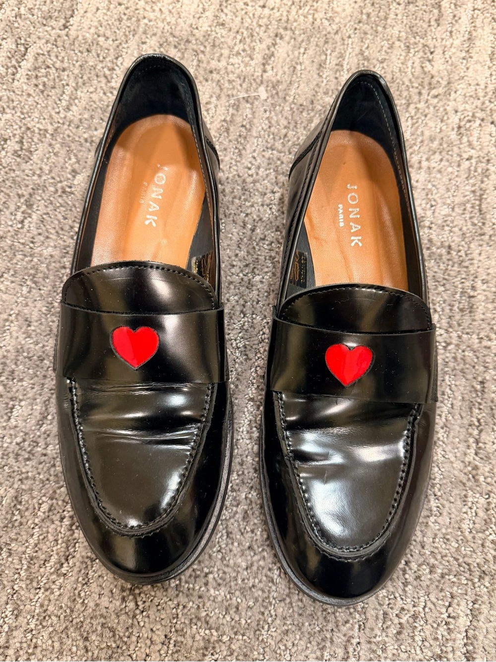 Jonak Donjuan Black Glacé Leather Heart Loafers EU 39